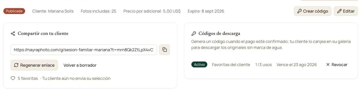 Panel de una galería en Nayra con el enlace para compartir y el código de descarga activo